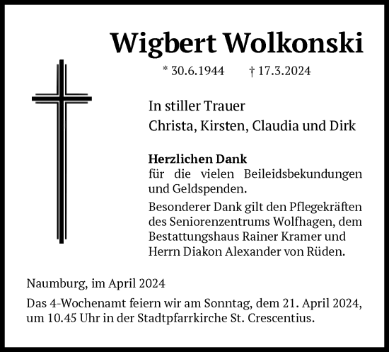 Todesanzeige von Wigbert Wolkonski von HNA