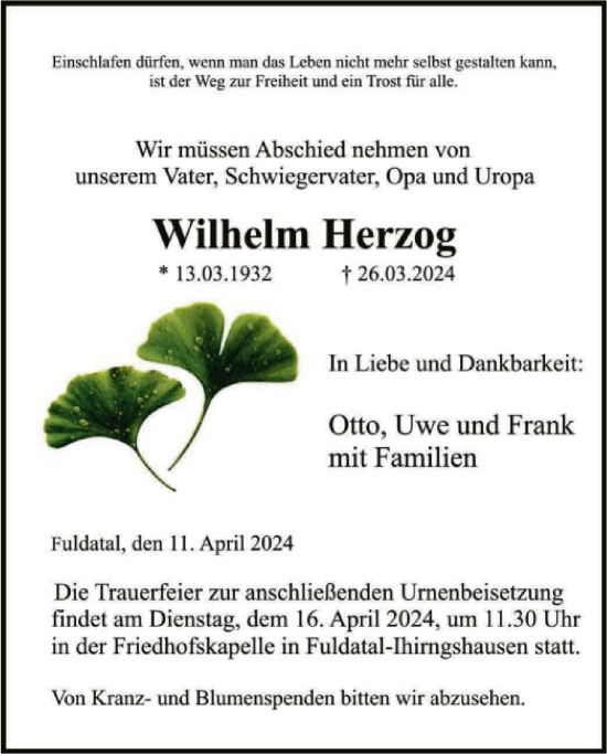 Todesanzeige von Wilhelm Herzog von HNA