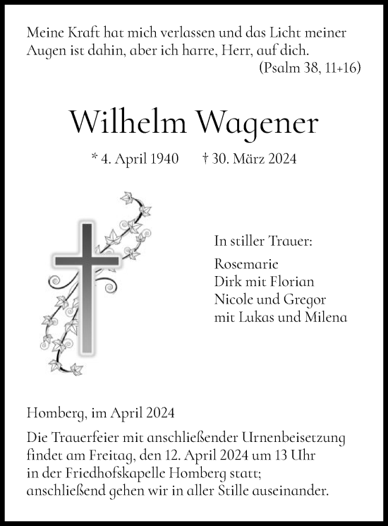 Todesanzeige von Wilhelm Wagener von HNA