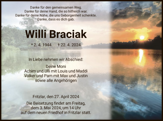 Todesanzeige von Willi Braciak von HNA