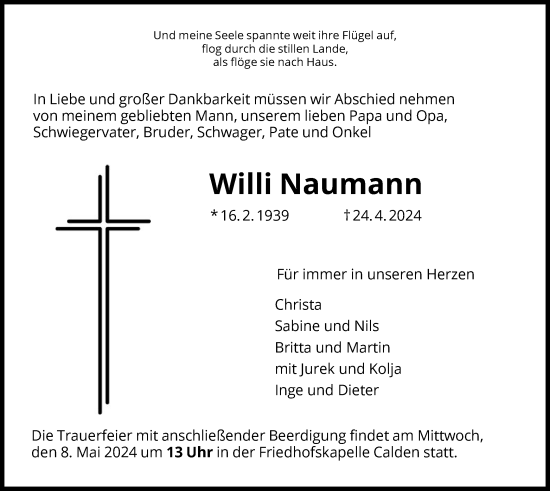 Todesanzeige von Willi Naumann von HNA