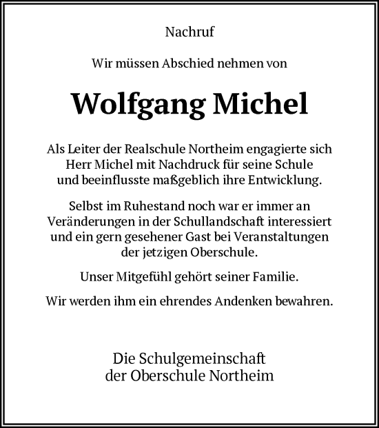 Todesanzeige von Wolfgang Michel von HNA