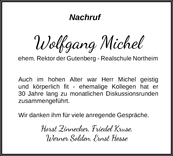 Todesanzeige von Wolfgang Michel von HNA