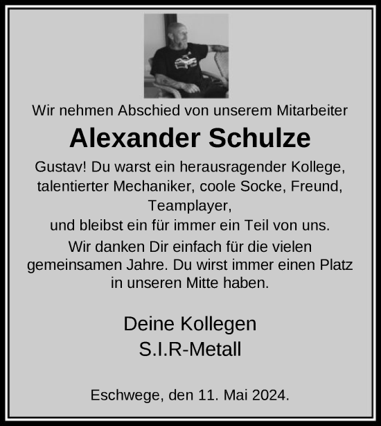 Todesanzeige von Alexander Schulze von HNA