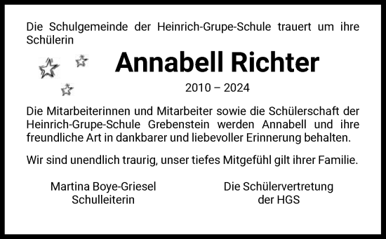 Todesanzeige von Annabell Richter von HNA