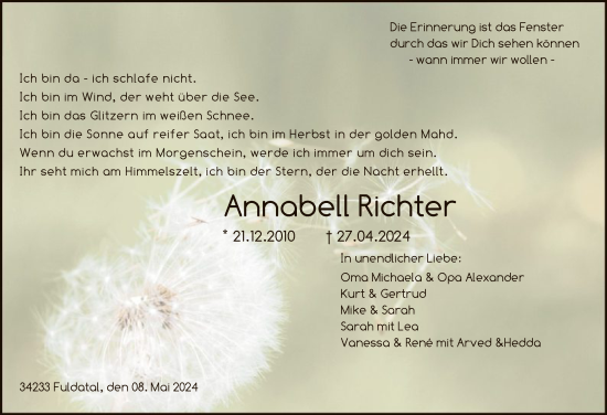 Todesanzeige von Annabell Richter von HNA