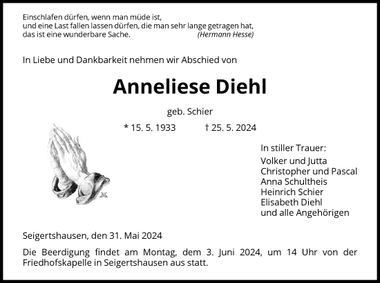 Todesanzeige von Anneliese Diehl von HNA