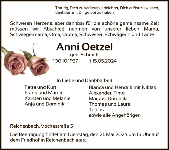 Todesanzeige von Anni Oetzel von HNA
