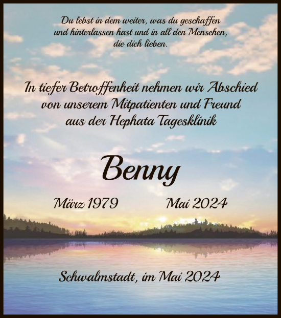 Todesanzeige von Benny  von HNA