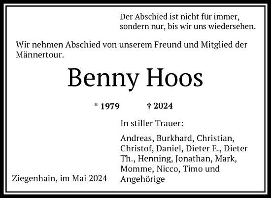Todesanzeige von Benny Hoos von HNA