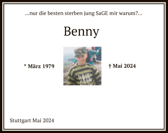 Todesanzeige von Benny Hoos von HNA