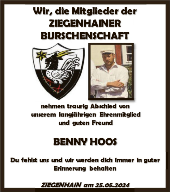 Todesanzeige von Benny Hoos von HNA