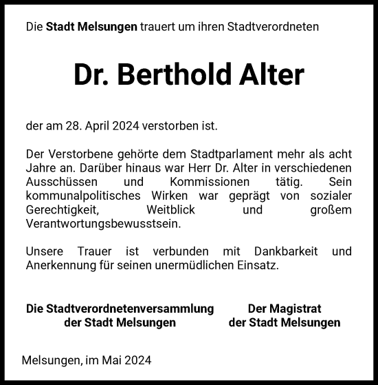 Todesanzeige von Berthold Alter von HNA