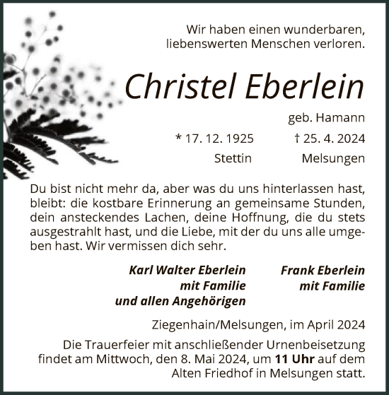 Todesanzeige von Christel Eberlein von HNA