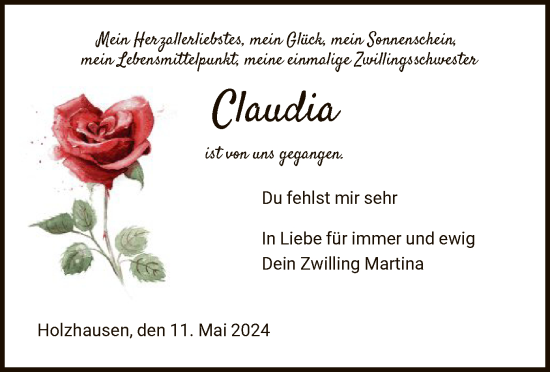 Todesanzeige von Claudia  von HNA