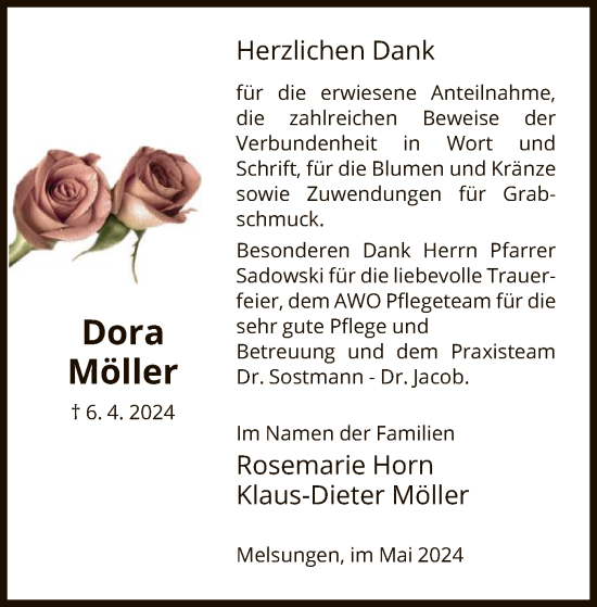 Todesanzeige von Dora Möller von HNA