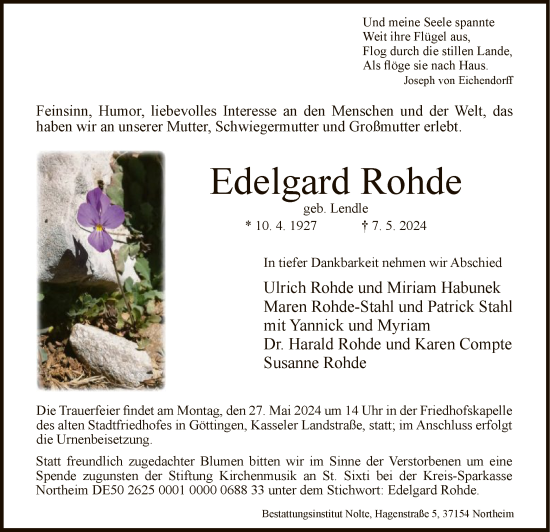 Todesanzeige von Edelgard Rohde von HNA