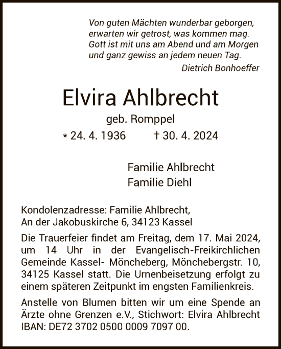 Todesanzeige von Elvira Ahlbrecht von HNA