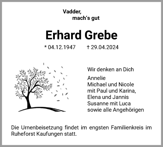 Todesanzeige von Erhard Grebe von HNA