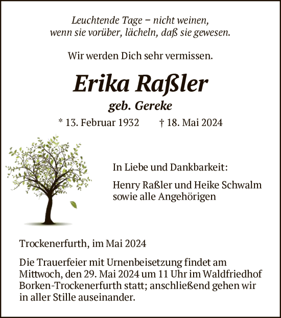 Todesanzeige von Erika Rainer von HNA