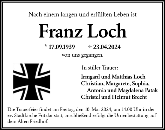 Todesanzeige von Franz Loch von HNA
