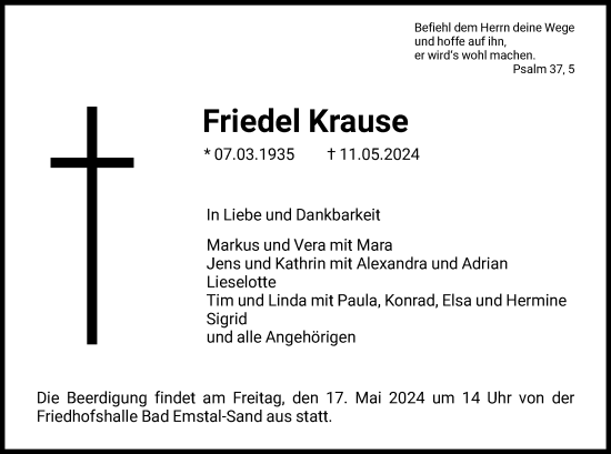 Todesanzeige von Friedel Krause von HNA