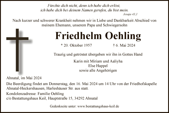 Todesanzeige von Friedhelm Oehling von HNA