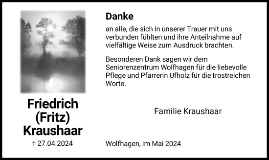 Todesanzeige von Friedrich Kraushaar von HNA