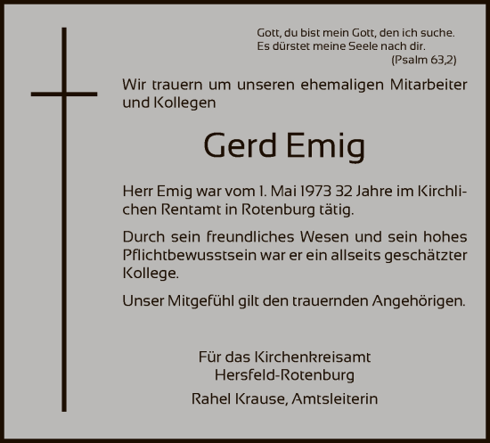 Todesanzeige von Gerd Emig von HNA