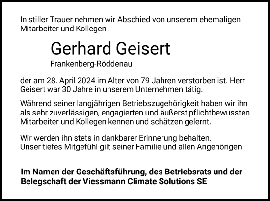 Todesanzeige von Gerhard Geisert von HNA