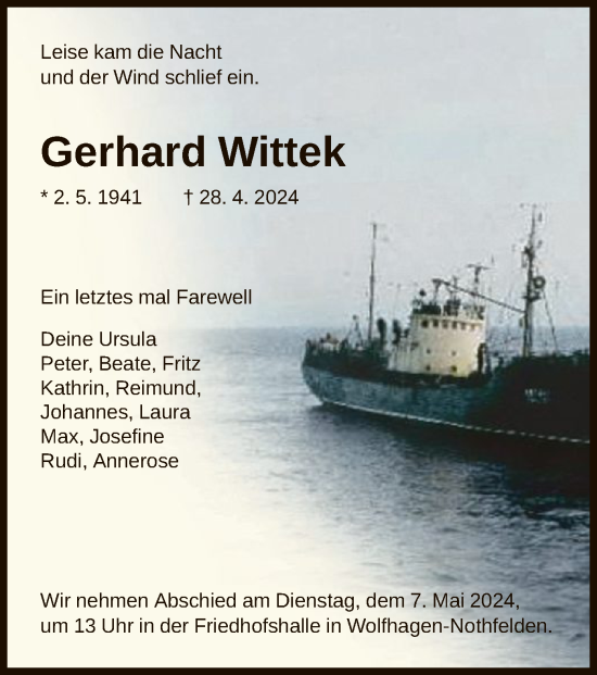 Todesanzeige von Gerhard Wittek von HNAHNA