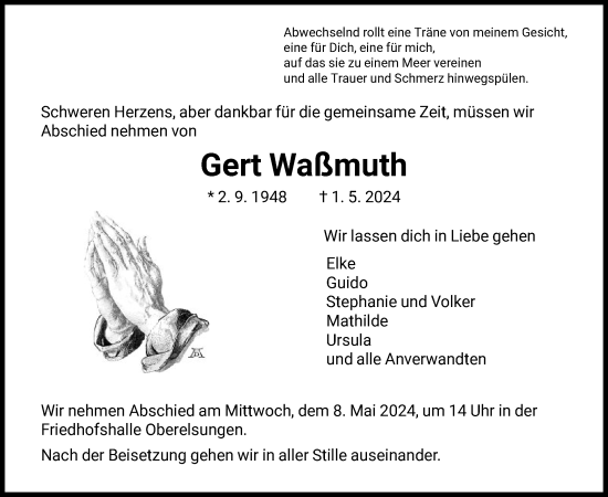 Todesanzeige von Gert Waßmuth von HNA