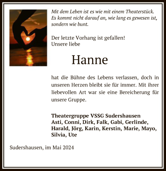Todesanzeige von Hanne  von HNA
