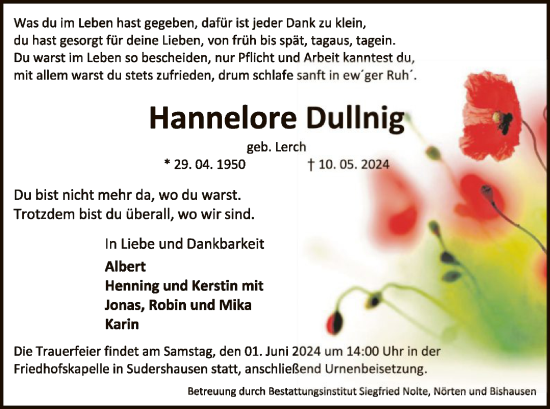Todesanzeige von Hannelore Dullnig von HNA