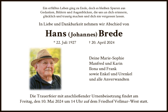 Todesanzeige von Hans  Brede von HNA