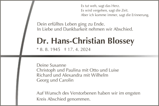 Todesanzeige von Hans-Christian Blossey von HNA