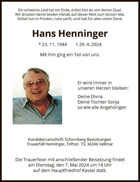 Todesanzeige von Hans Henninger von HNA