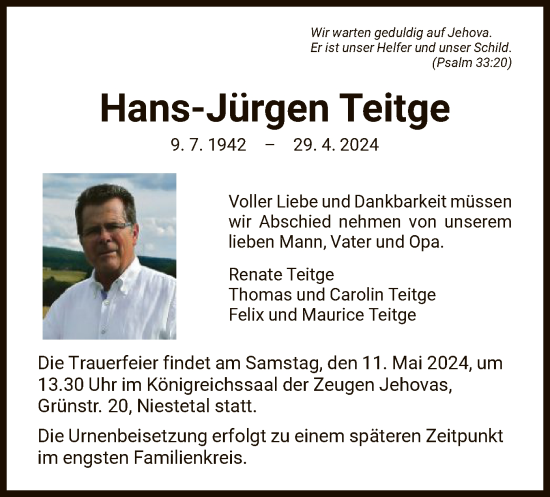 Todesanzeige von Hans-Jürgen Teitge von HNA