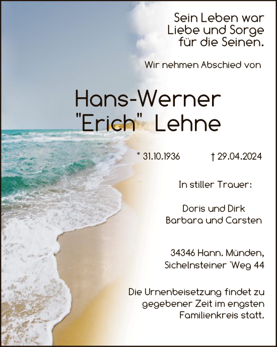 Todesanzeige von Hans-Werner Lehne von HNA