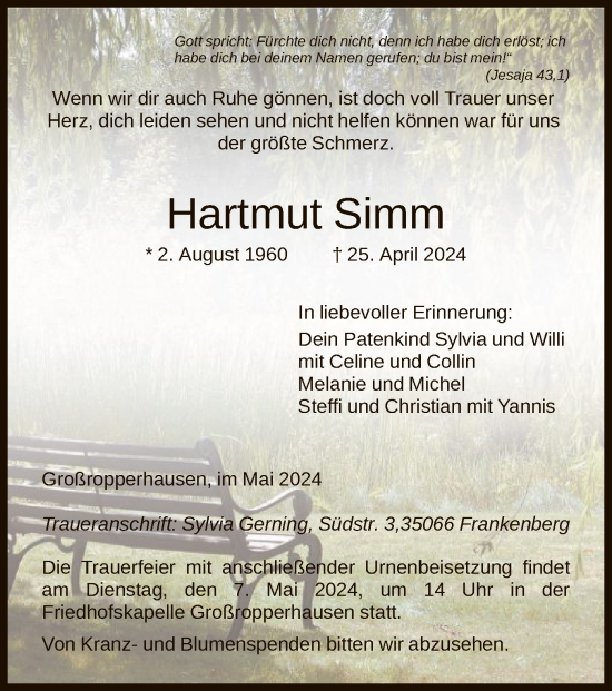 Todesanzeige von Hartmut Simm von HNA