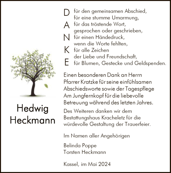 Todesanzeige von Hedwig Heckmann von HNA