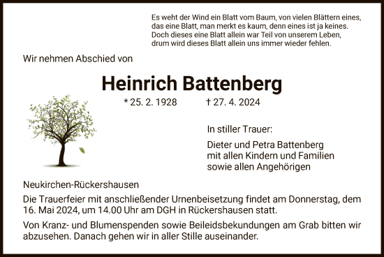 Todesanzeige von Heinrich Battenberg von HNA