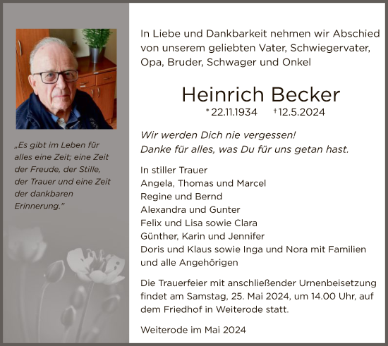 Todesanzeige von Heinrich Becker von HNA