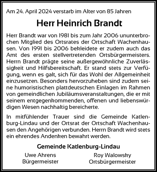 Todesanzeige von Heinrich Brandt von HNA
