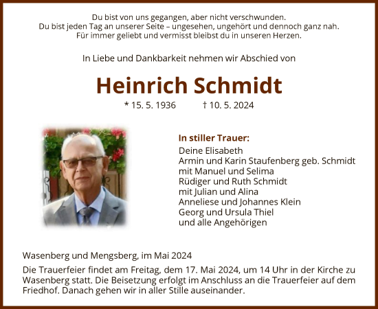 Todesanzeige von Heinrich Schmidt von HNA