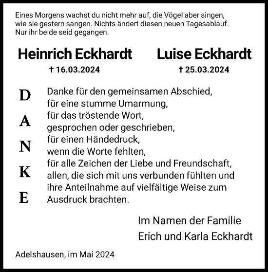 Todesanzeige von Heinrich und Luise Eckhardt von HNA
