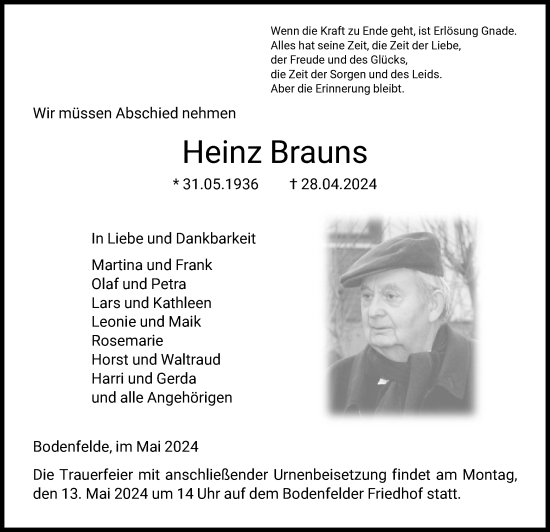 Todesanzeige von Heinz Brauns von HNA