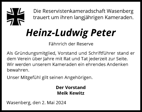 Todesanzeige von Heinz-Ludwig Peter von HNA