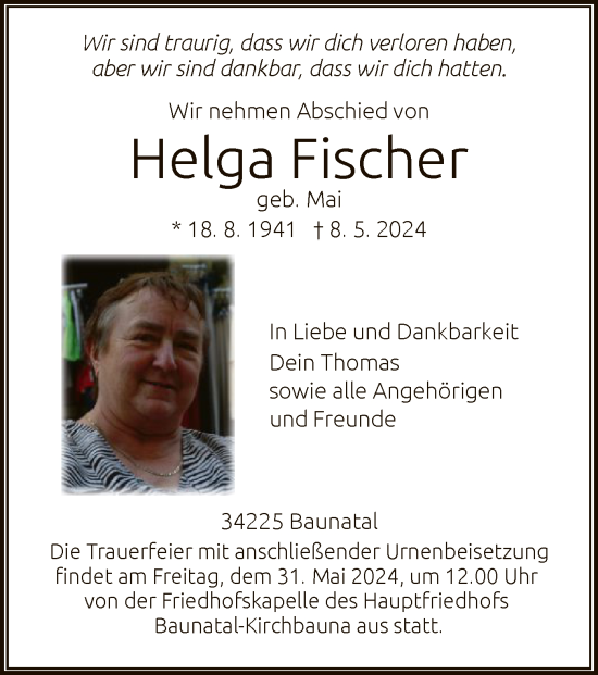 Todesanzeige von Helga Fischer von HNAHNA