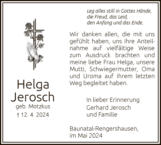 Todesanzeige von Helga Jerosch von HNA